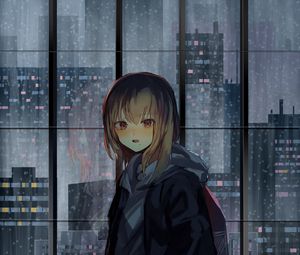 Preview wallpaper girl, window, buildings, city, view, anime