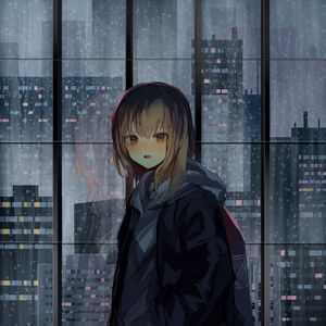 Preview wallpaper girl, window, buildings, city, view, anime