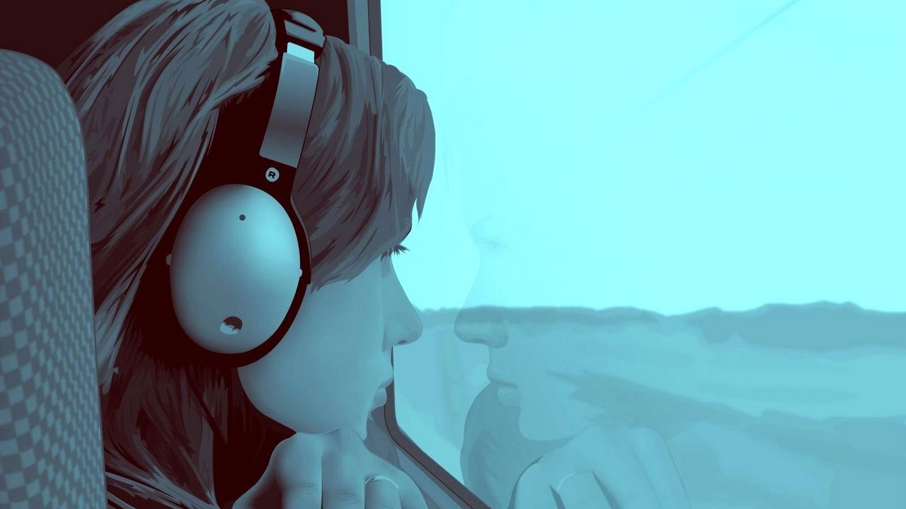 Wallpaper girl, window, guy, alone, headphones, screen