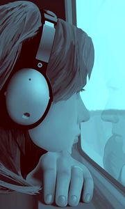 Preview wallpaper girl, window, guy, alone, headphones, screen