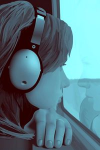 Preview wallpaper girl, window, guy, alone, headphones, screen