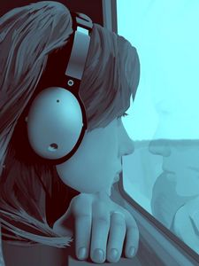 Preview wallpaper girl, window, guy, alone, headphones, screen