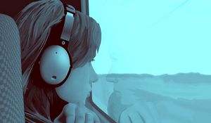 Preview wallpaper girl, window, guy, alone, headphones, screen