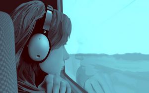 Preview wallpaper girl, window, guy, alone, headphones, screen