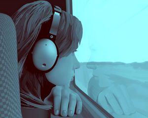 Preview wallpaper girl, window, guy, alone, headphones, screen