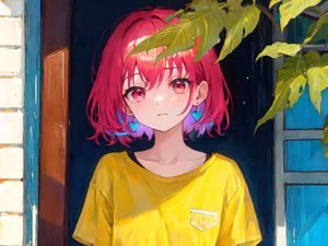 Preview wallpaper girl, window, leaves, anime