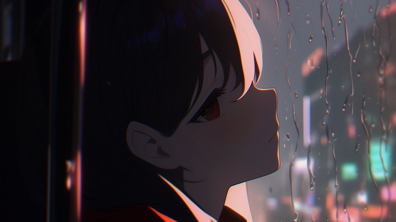 Wallpaper girl, window, rain, anime, art