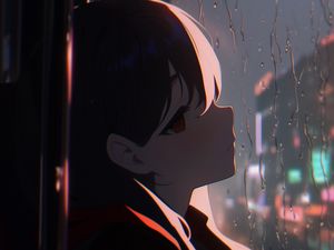 Preview wallpaper girl, window, rain, anime, art