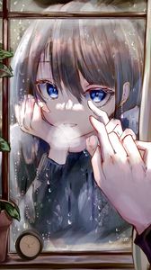 Preview wallpaper girl, window, reflection, touch, anime