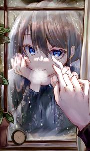 Preview wallpaper girl, window, reflection, touch, anime