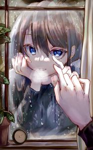 Preview wallpaper girl, window, reflection, touch, anime