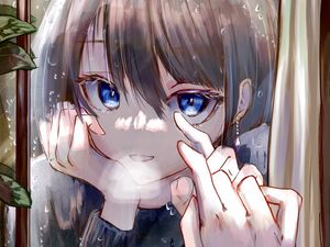 Preview wallpaper girl, window, reflection, touch, anime