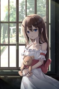 Preview wallpaper girl, window, toy, anime, art