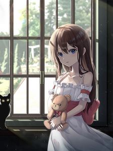 Preview wallpaper girl, window, toy, anime, art