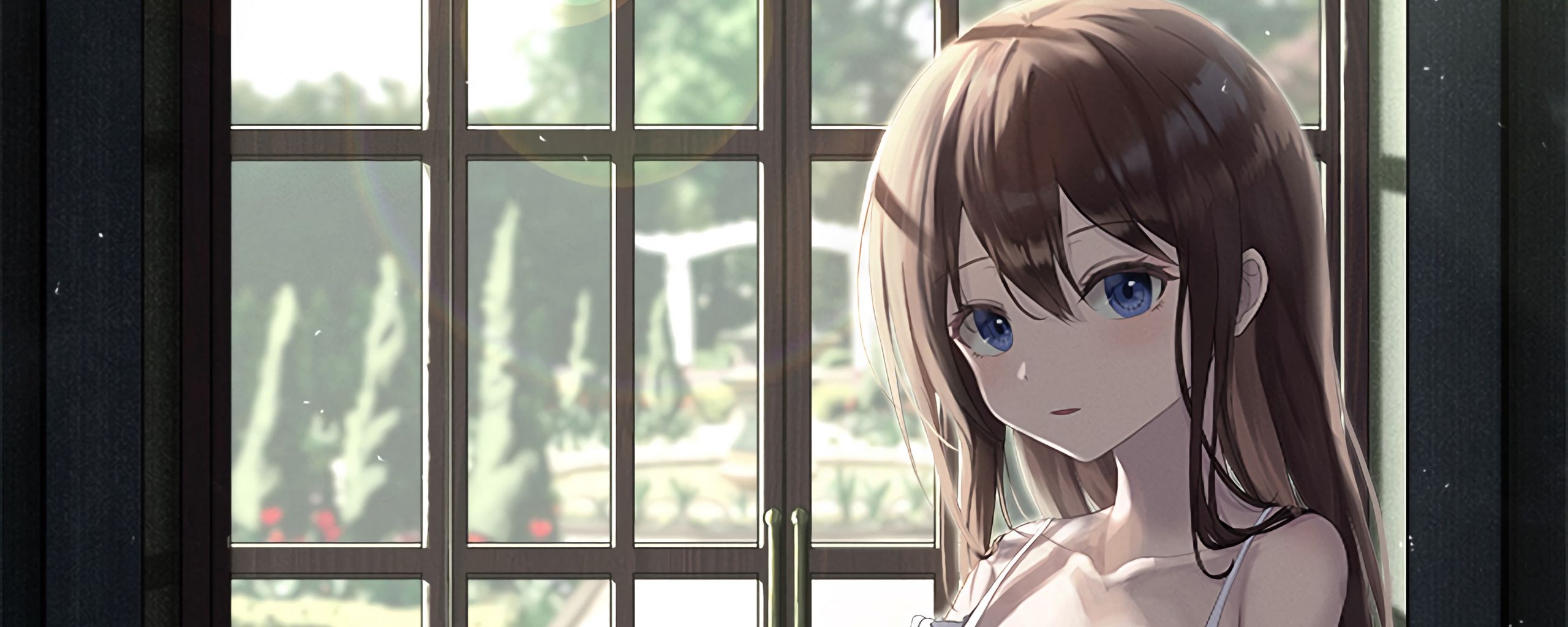 Download wallpaper 2560x1024 girl, window, toy, anime, art ultrawide