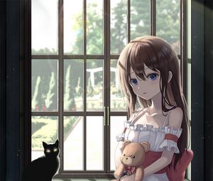 Preview wallpaper girl, window, toy, anime, art