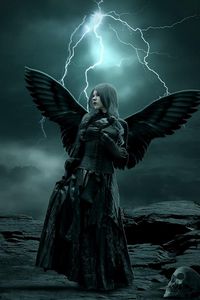 Preview wallpaper girl, wings, dark, lightning, skull, rock