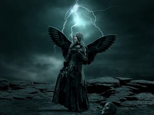 Preview wallpaper girl, wings, dark, lightning, skull, rock