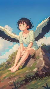 Preview wallpaper girl, wings, grass, stone, anime