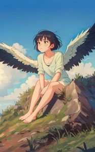 Preview wallpaper girl, wings, grass, stone, anime