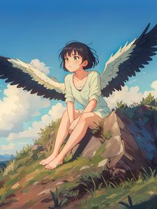 Preview wallpaper girl, wings, grass, stone, anime