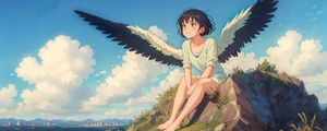 Preview wallpaper girl, wings, grass, stone, anime