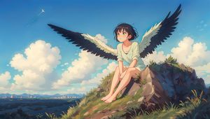 Preview wallpaper girl, wings, grass, stone, anime