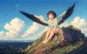 Preview wallpaper girl, wings, grass, stone, anime