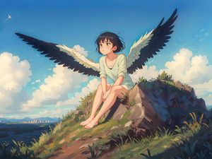 Preview wallpaper girl, wings, grass, stone, anime