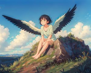 Preview wallpaper girl, wings, grass, stone, anime