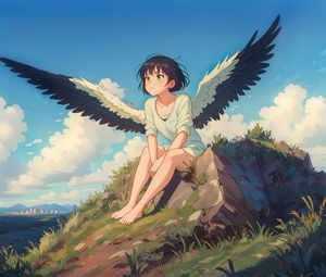 Preview wallpaper girl, wings, grass, stone, anime