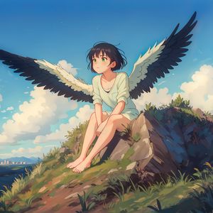 Preview wallpaper girl, wings, grass, stone, anime