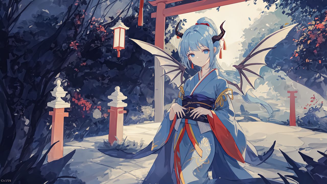 Wallpaper girl, wings, horns, kimono, asia, anime