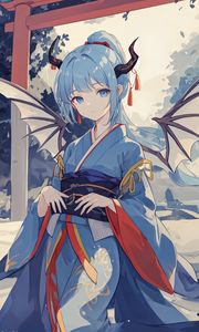 Preview wallpaper girl, wings, horns, kimono, asia, anime
