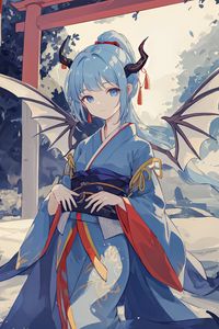 Preview wallpaper girl, wings, horns, kimono, asia, anime
