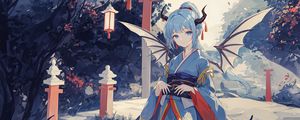 Preview wallpaper girl, wings, horns, kimono, asia, anime