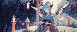 Preview wallpaper girl, wings, horns, kimono, asia, anime