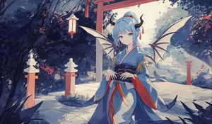 Preview wallpaper girl, wings, horns, kimono, asia, anime