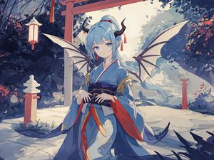 Preview wallpaper girl, wings, horns, kimono, asia, anime