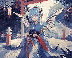 Preview wallpaper girl, wings, horns, kimono, asia, anime