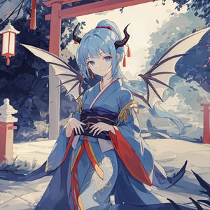 Preview wallpaper girl, wings, horns, kimono, asia, anime