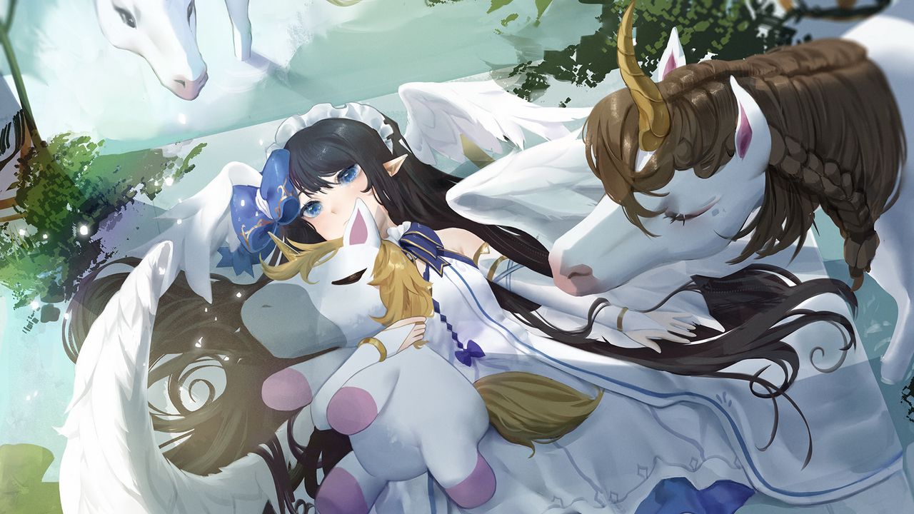 Wallpaper girl, wings, unicorn, anime