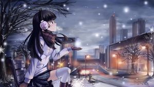 Preview wallpaper girl, winter, snowflake, shop, city, light, cold