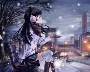 Preview wallpaper girl, winter, snowflake, shop, city, light, cold