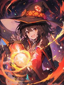Preview wallpaper girl, witch, ball, fire, hat, anime
