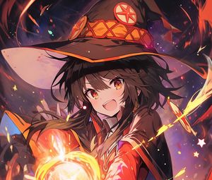 Preview wallpaper girl, witch, ball, fire, hat, anime