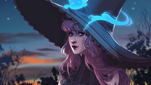 Preview wallpaper girl, witch, hat, cat, ghost, art