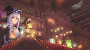 Preview wallpaper girl, witch, hat, lanterns, anime, art
