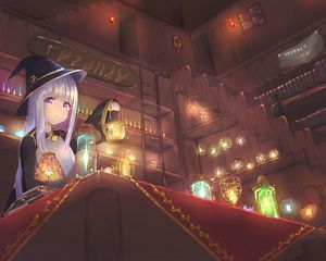 Preview wallpaper girl, witch, hat, lanterns, anime, art