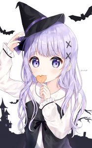 Preview wallpaper girl, witch, hat, lollipop, halloween, anime